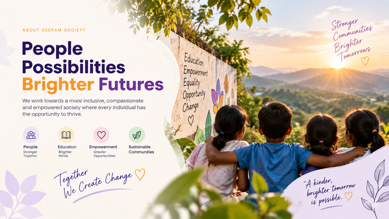 Deepam Society hero image: 'People, Possibilities, Brighter Futures' — four children looking out over hills at sunset beside a community mural about education, empowerment, equality and opportunity, with icons for People, Education, Empowerment and Sustainable Communities and the message 'Together We Create Change.'
