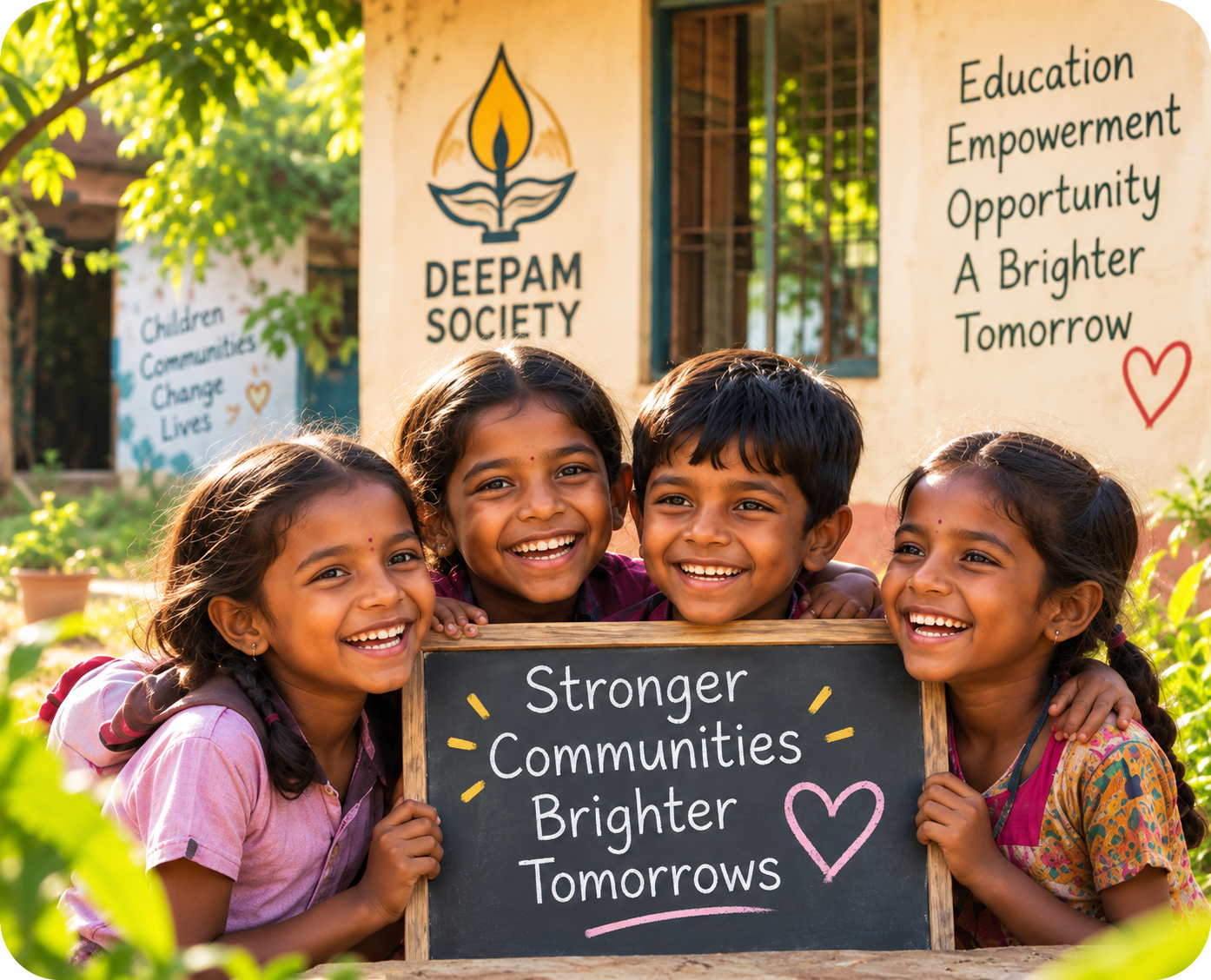 Four Deepam Society children smiling together outside a Deepam Society community building, holding a hand-lettered sign that reads Stronger Communities, Brighter Tomorrows